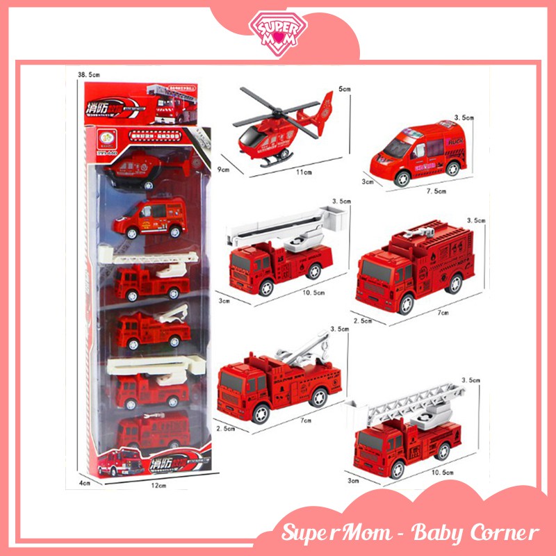 Bộ đồ chơi hộp set 6 món ô tô máy bay chạy cót xin xò cho bé - Supermom & Baby Corner