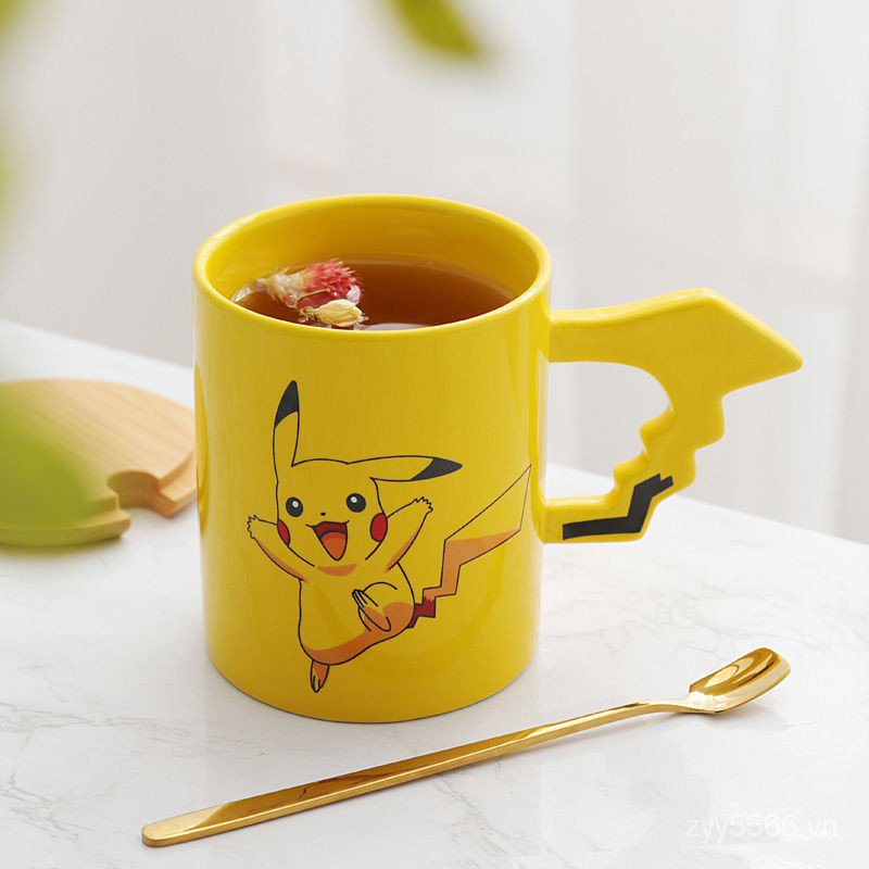 Insight《insTại Chỗ》Cốc Gốm Pikachu Cốc Nước Cô Gái Siêu Dễ Thương Thìa Gốm Sứ Có Nắp Cốc Sáng Tạo Anime Cốc Mug Học Sinh Phim Hoạt Hình