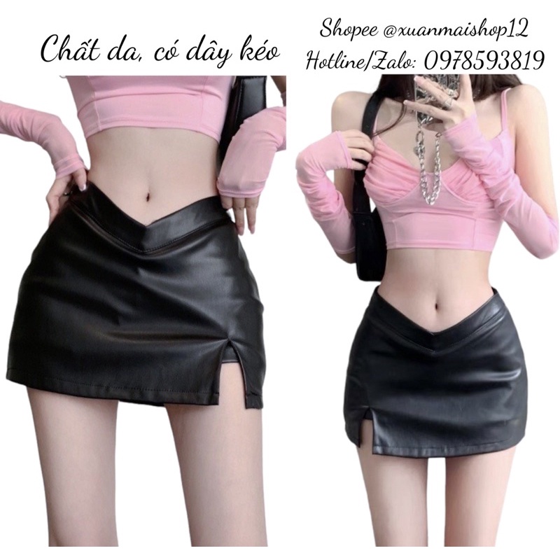 [FREESHIP] Chân váy da cạp thấp, chân váy da lưng thấp xẻ đùi dáng ôm gợi cảm