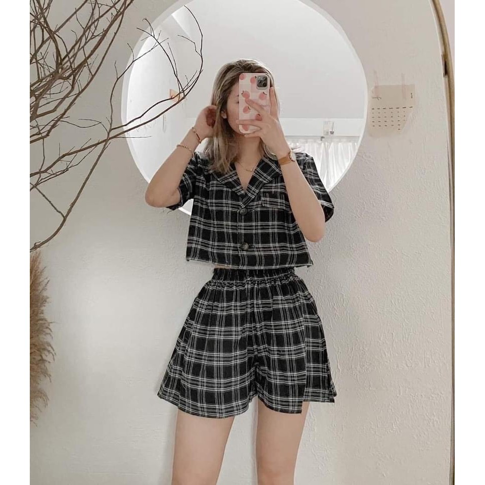 Set bộ hè nữ áo croptop kẻ caro kèm quần short dáng rộng unisex thời trang hàn quốc_xuongmaythuhien