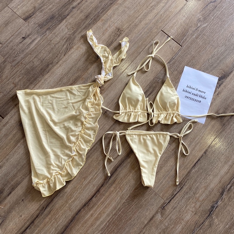 [BKN1395] &lt;ÂU&gt; SET BIKINI 3 MÓN VÀNG/TÍM LILAC KÈM KHĂN HÔNG VIỀN BÈO