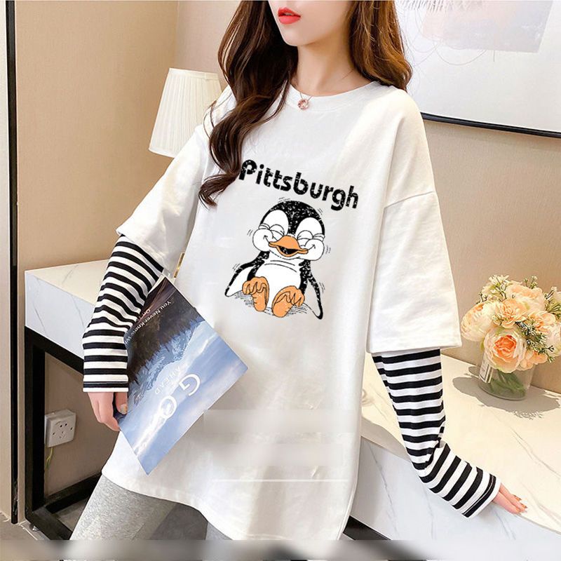 Áo Thun Tay Dài Giả Hai Lớp Dáng Rộng In Họa Tiết Hoạt Hình Phong Cách Hàn Quốc Thời Trang 2022 Cho Nữ