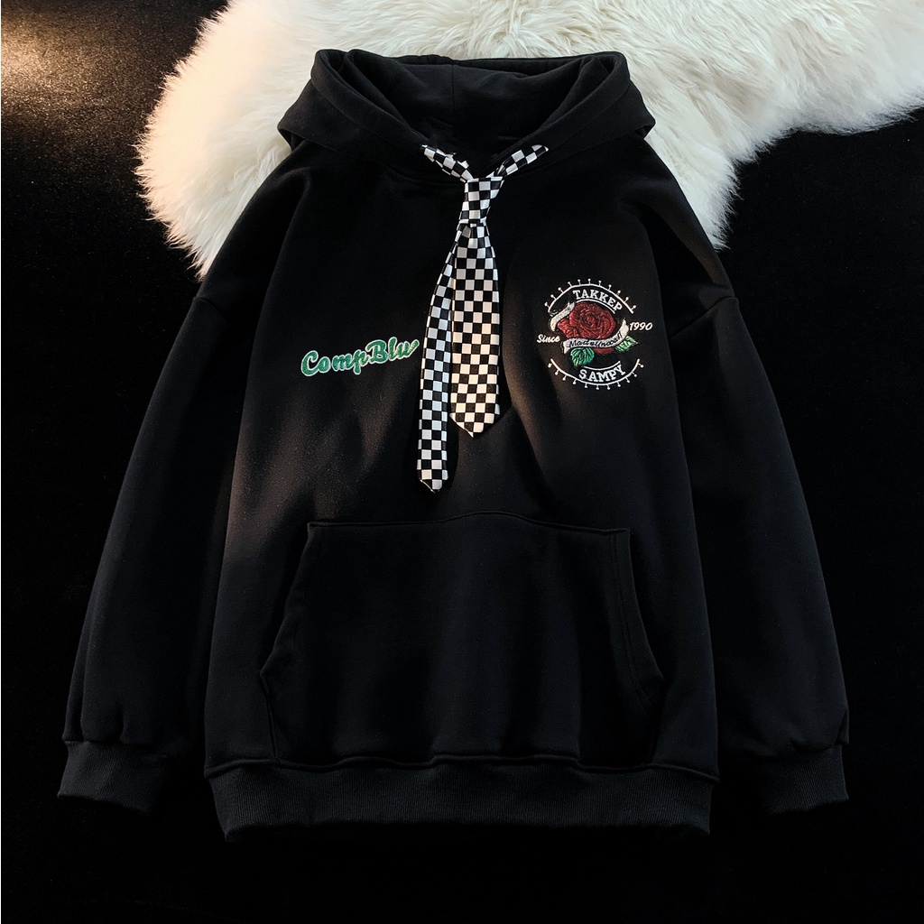 ZHELIHANGFEI Áo len trùm đầu in họa tiết hoa hồng phong cách đại học rộng rãi