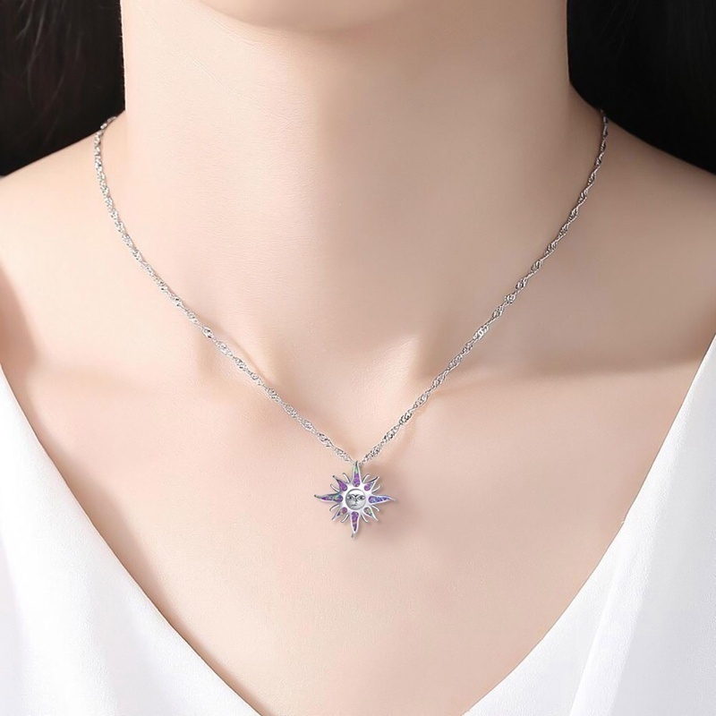 Dây Chuyền Bạc 925 Mặt Hình Mặt Trời Đính Đá Opal Màu Xanh Dương / Trắng / Tím