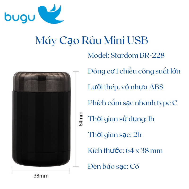 Máy Cạo Râu Mini Bugu Stardom BR-228 Ba Lưỡi Sát Chân Lông Sạc Nhanh Chống Nước