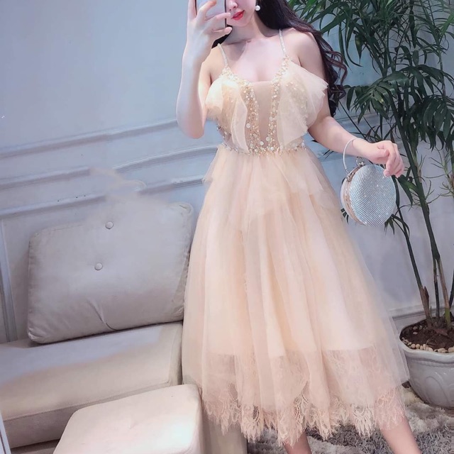 Đầm dự tiệc ren mi 2 dây kết cườm kim sa tròn sang trọng TRIPBLE T DRESS - Size M/L - MS130V