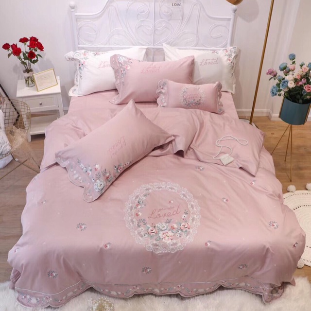 Set Lụa Cưới Thêu Hoa Hồng Nhạt Tiểu Thư