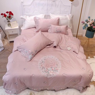Set Lụa Cưới Thêu Hoa Hồng Nhạt Tiểu Thư