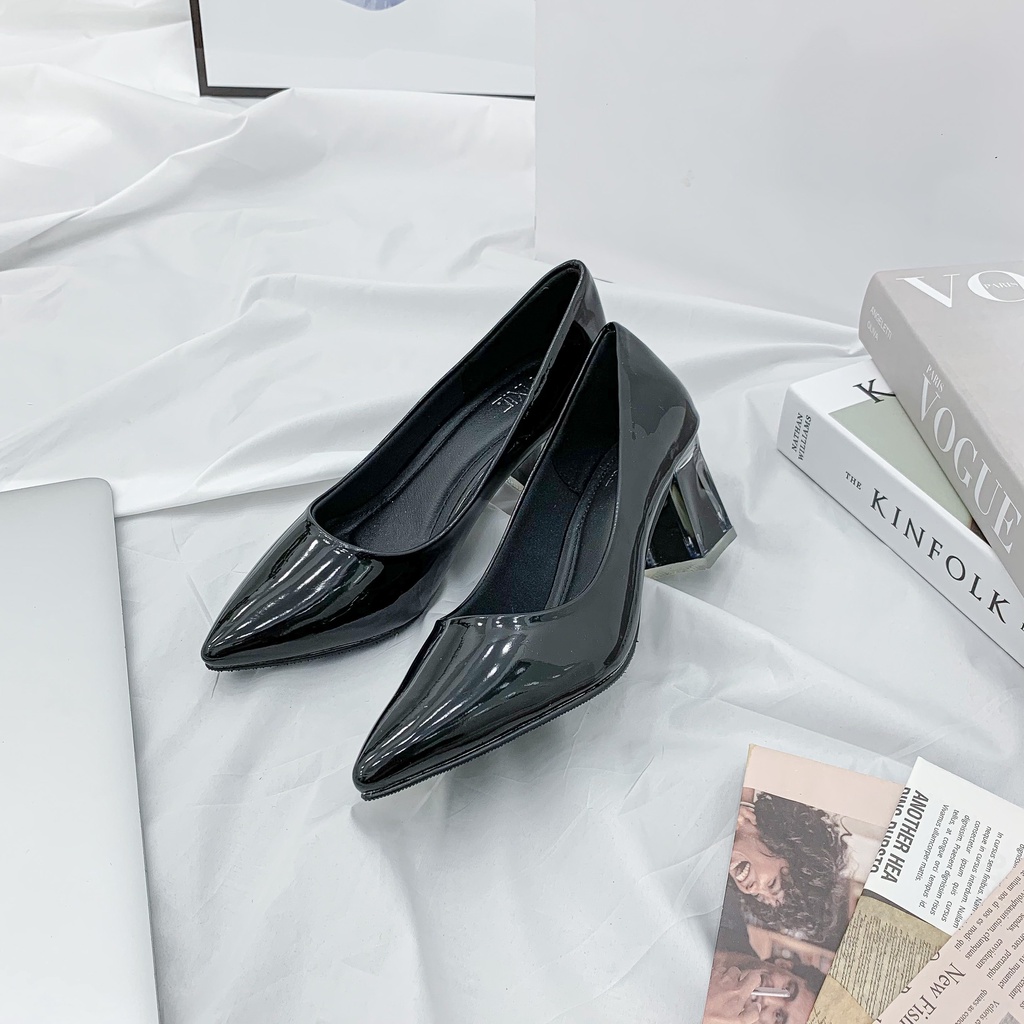 Giày Cao Gót 5cm Da Bóng Mũi Nhọn Đế Vuông Phối Mica Pixie P006