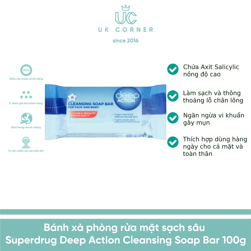 Bánh xà phòng rửa mặt sạch sâu Superdrug Deep Action Cleansing Soap Bar 100g