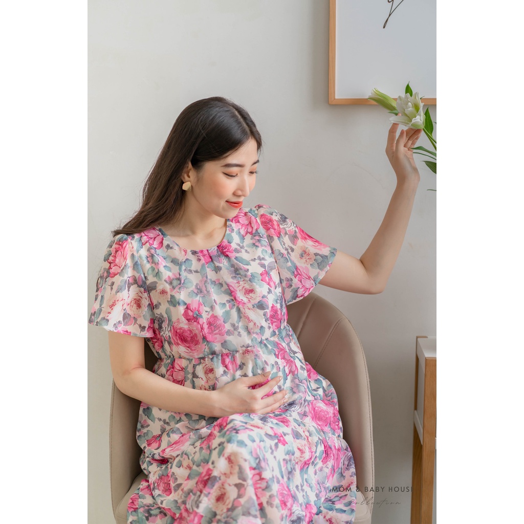 Celia Dress - Đầm bầu voan tơ babydoll họa tiết lá nhẹ mát mùa hè