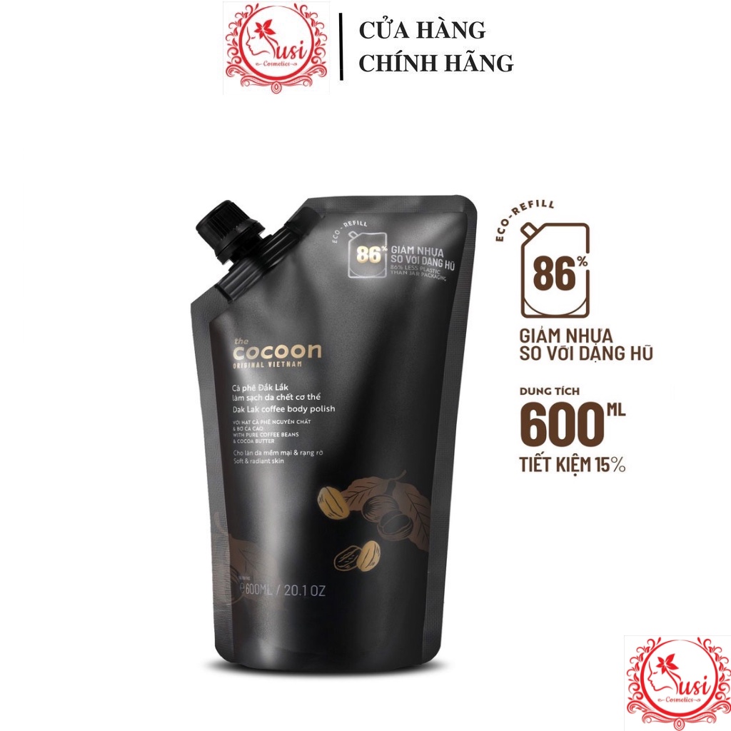 [Dạng túi tiết kiệm] Tẩy da chết body Cà phê Đắk Lắk làm sạch da chết cơ thể Cocoon 600ml