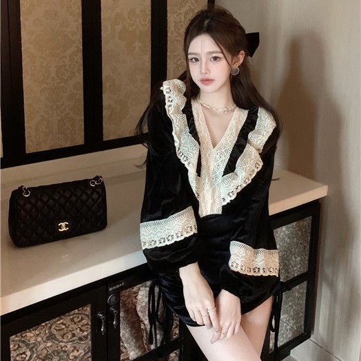 French velvet shirt female designer minority lace spliced shirt autumn and winter black chic v collar blouse
