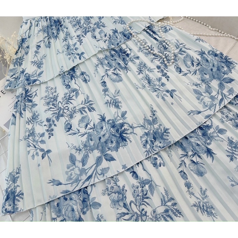 ĐẦM MAXI TẦNG 2 DÂY HOA XANH DẬP LY