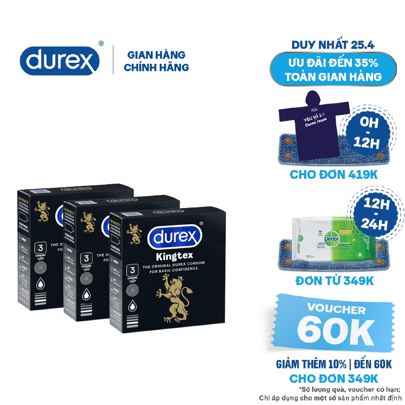 Bộ 3 bao cao su Durex Kingtex 3 bao/hộp