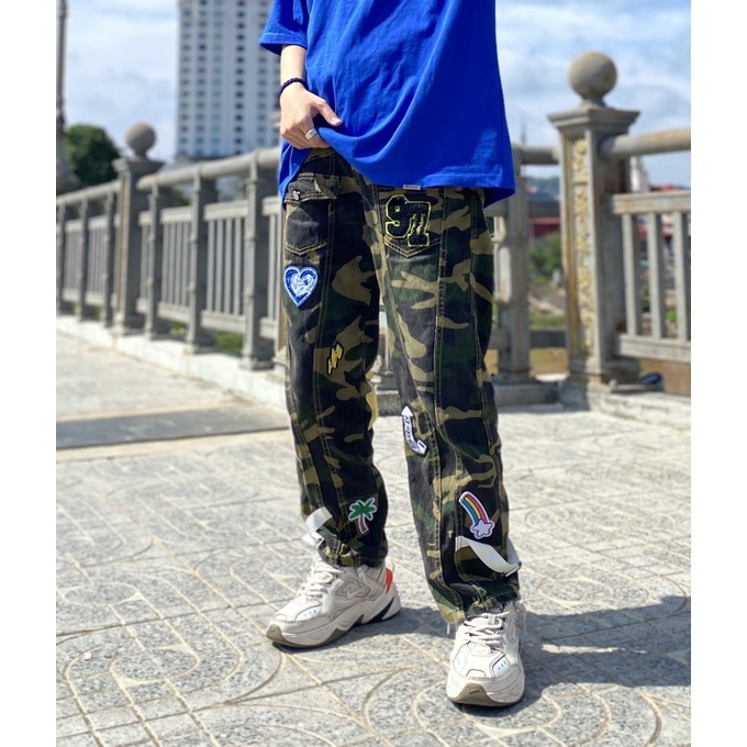 Cargo Pants Camo Gắn Stickers Unisex - Quần Hoạ Tiết Camo Xanh