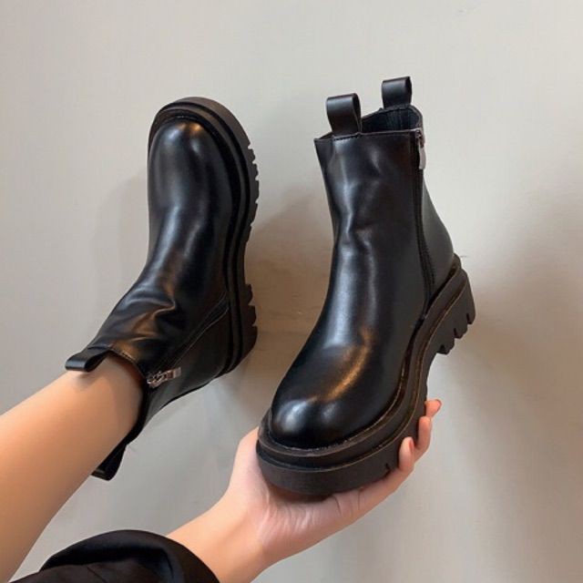 (Order) Boots cổ ngắn Ulzzang da trơn khoá sườn gót cao 5cm - Có ảnh thật