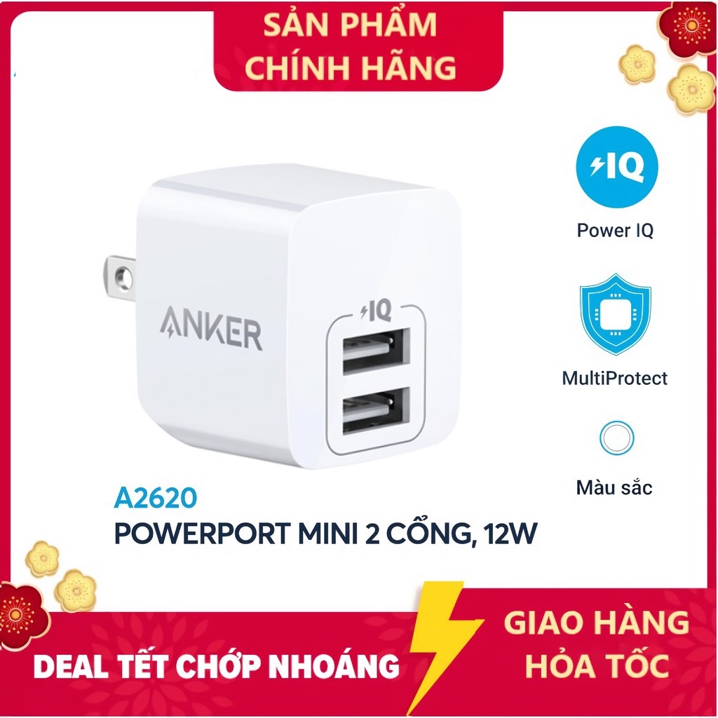 Cốc Sạc ANKER PowerPort Mini 2 cổng 12w-Củ Sạc Anker 2 cổng anker A2620/Cáp sạc anker MFI-A7101