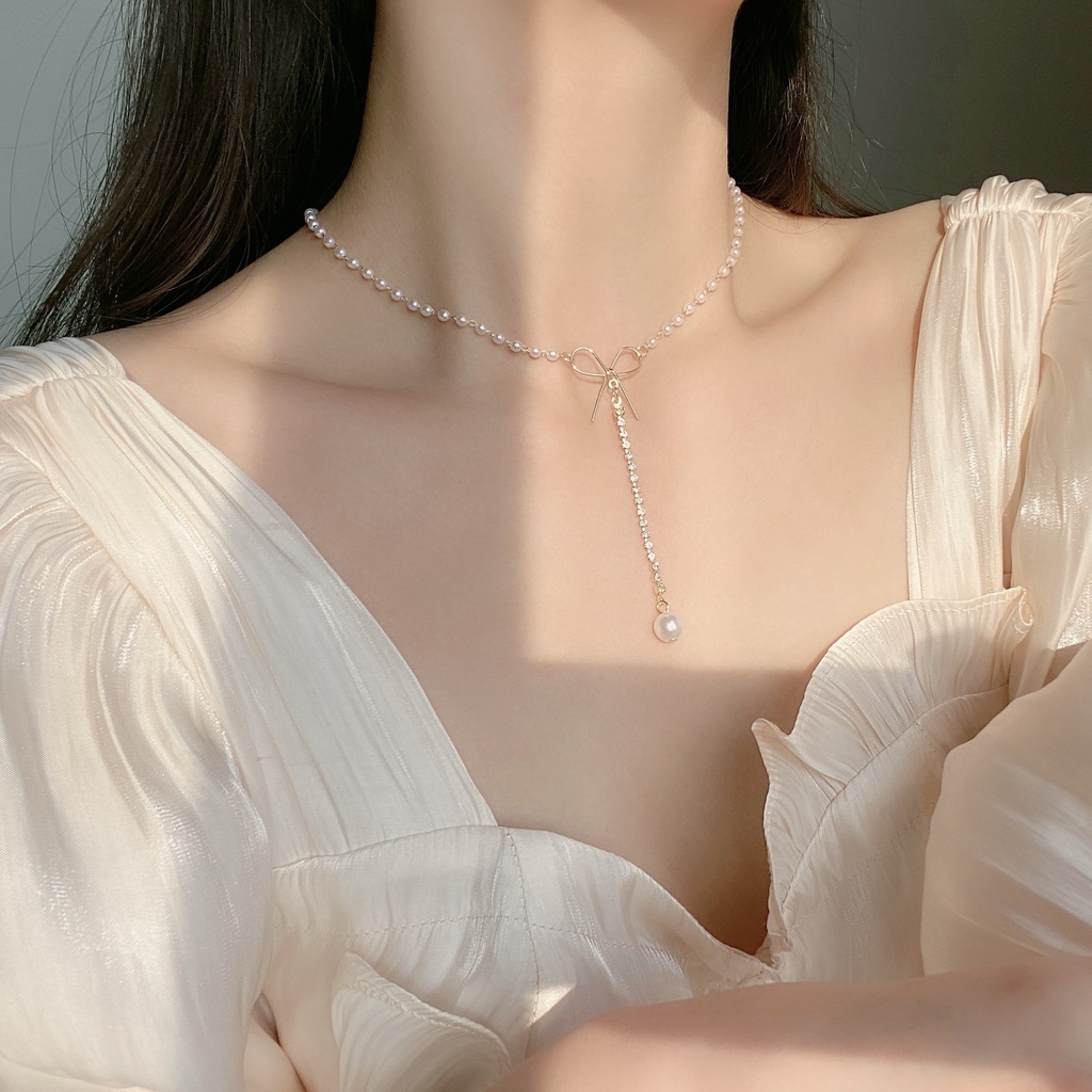 vòng cổ Choker Đính Nơ Ngọc Trai Thời Trang Dành Cho Nữ