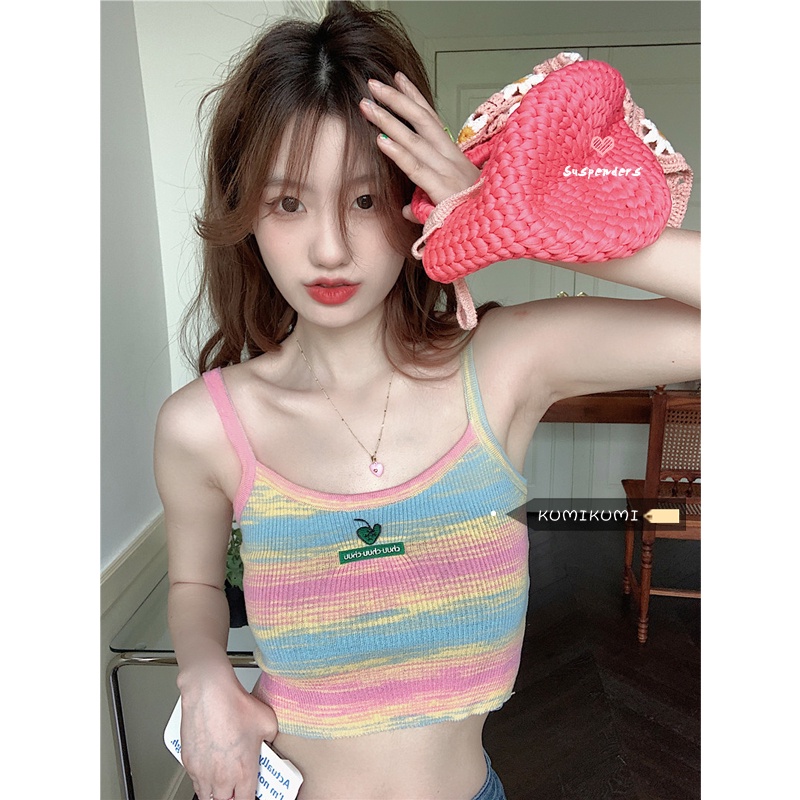 Áo Dệt Kim Hai Dây Dáng Ôm Họa Tiết Kẻ Sọc Nhiều Màu Sắc Thời Trang Mùa Hè Phong Cách Hàn Quốc Cho Nữ