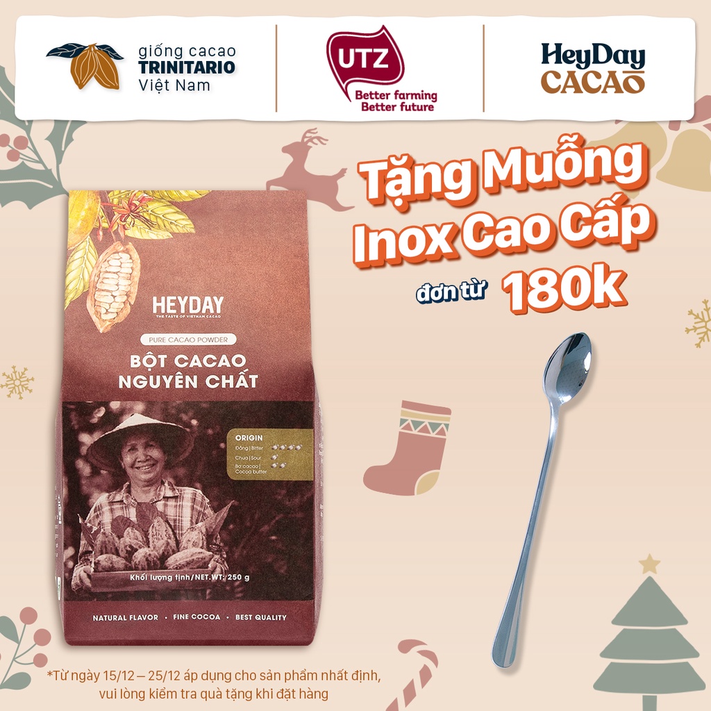 Bột cacao nguyên chất 100% không đường Heyday - Dòng Origin thượng hạng - Túi giấy 250g