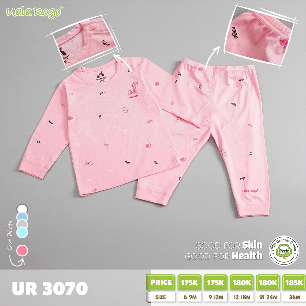 Bộ quần áo Uala Rogo vải Petit cao cấp mềm mịn thoáng mát thấm hút tốt in họa tiết cho bé trai bé gái 3060 3070