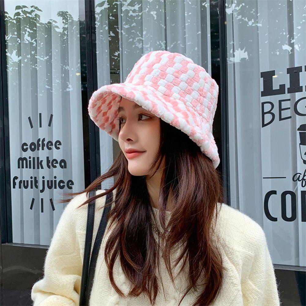 QQMALL Mũ Bucket Len Cừu Kẻ Sọc Caro Xinh Xắn Cho Nữ