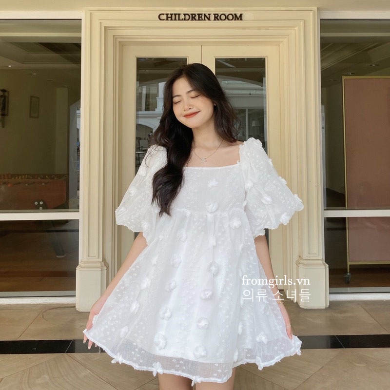 Váy babydoll hoa nổi, đầm trễ vai babydoll tay phồng tiểu thư ulzzang - V81
