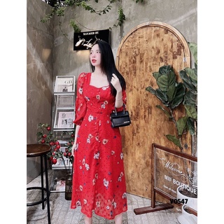 Đầm voan 2 lớp màu đỏ cúc bọc