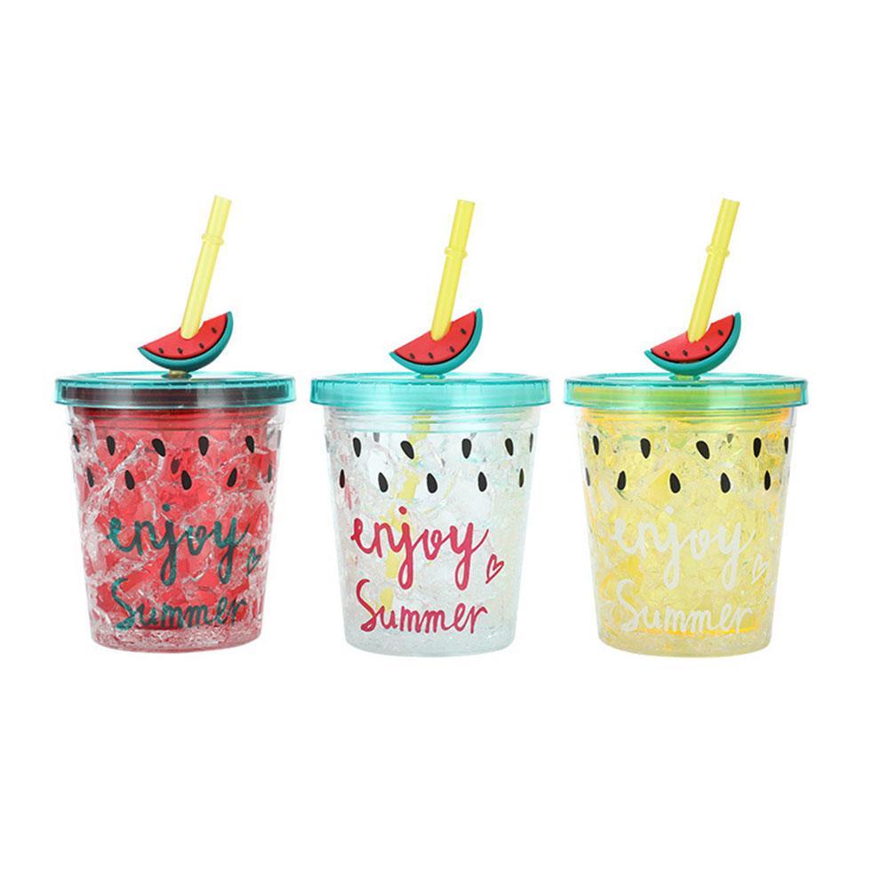 Bình Nước Hai Lớp Kèm Ống Hút Hình Dưa Hấu 350ml J1B5