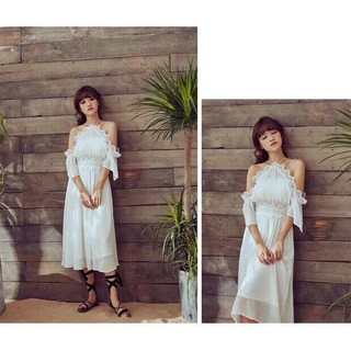 Đầm suông Form dài xòe màu trắng trễ vai xinh