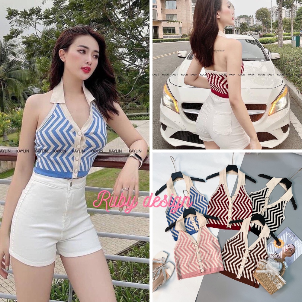 Áo croptop hở lưng cổ bẻ dệt kim họa tiết sọc phong cách retro Hàn quốc - Ruby design