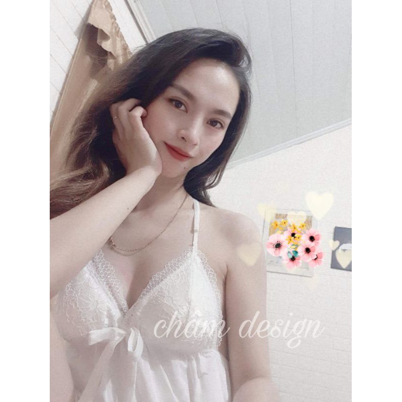 váy ngủ lụa trắng satin gắn nơ xinh có ren lưng sexy, hàng thiết kế độc quyền❤️