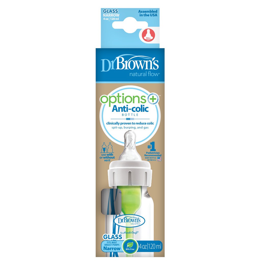 Bình sữa Dr Brown's Options (thủy tinh, cổ hẹp)