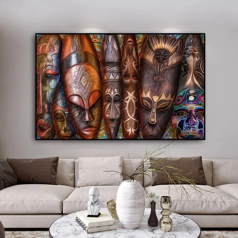 Tranh Vải Bạt Treo Tường In Hình Mặt Nạ Bộ Lạc Châu Phi Không Khung Trang Trí Nhà Cửa