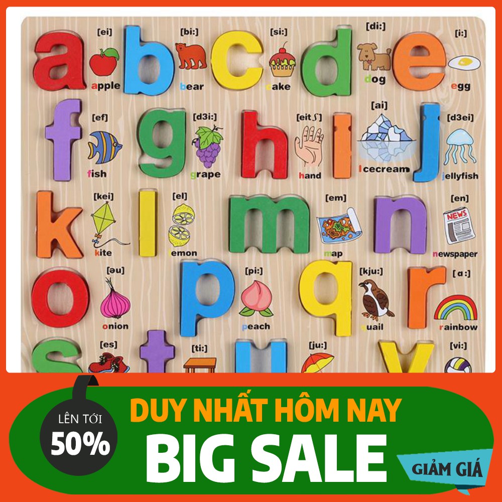 [XẢ HÀNG] Bảng Ghép Chữ Bằng Gỗ Song Ngữ Tiếng Anh In Thường In Hoa Và Số Cho Bé Hàng Đẹp Chắc Chắn