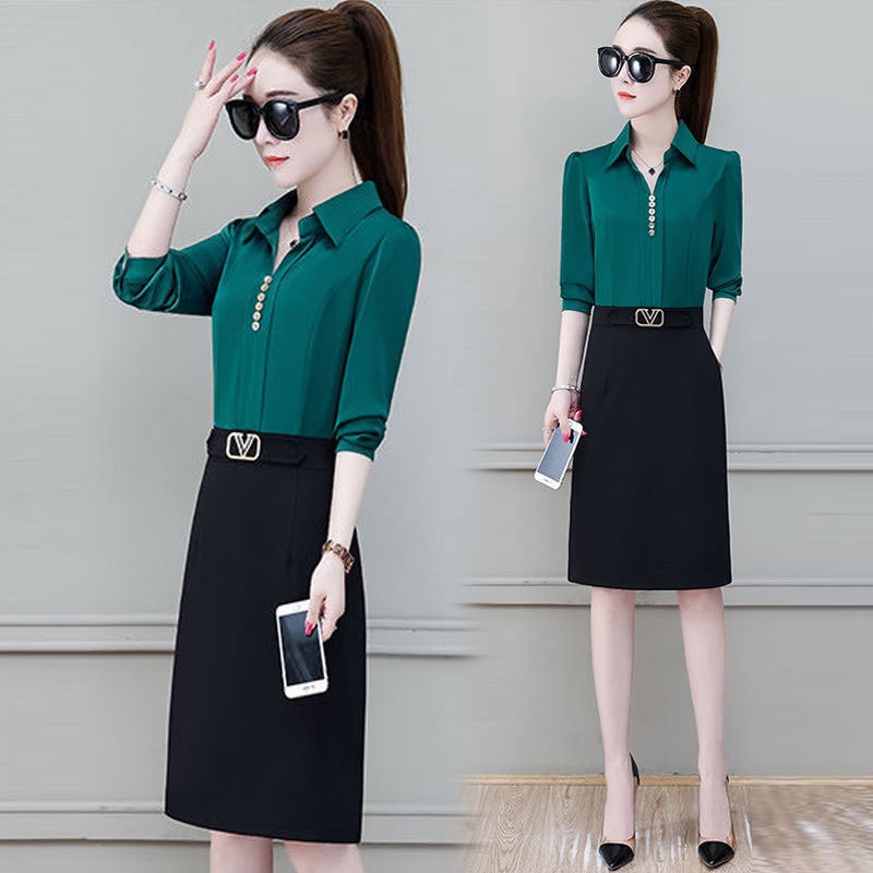 Set Váy Áo Sơ Mi Liền Chân Váy Dáng Dài Chữ A Cho Các Chị Em Công Sở, Đi Chơi