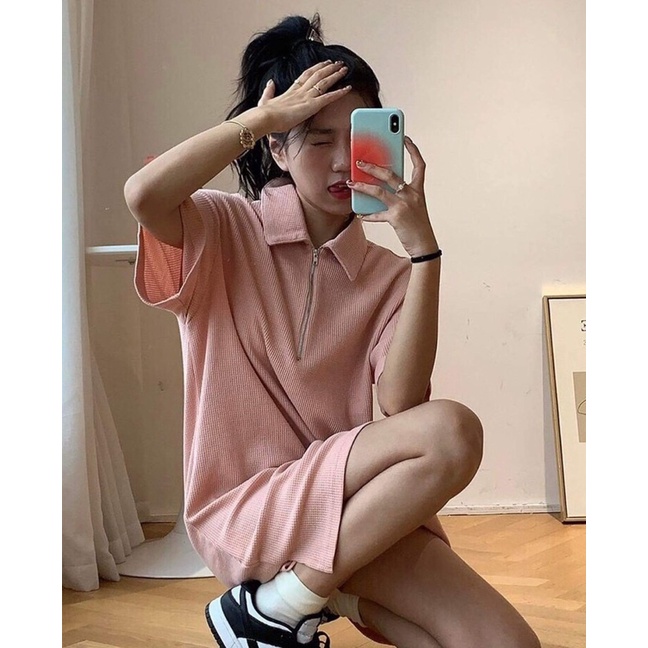 Đầm tiểu thư 🌸 Đầm cổ bẻ dáng suông tay lỡ khoá zip vintage chất tổ ong ba màu xanh hồng đen PHULA | BigBuy360 - bigbuy360.vn