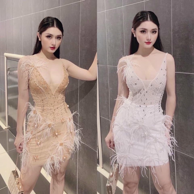 Đầm body kết hạt phối lông sang chảnh