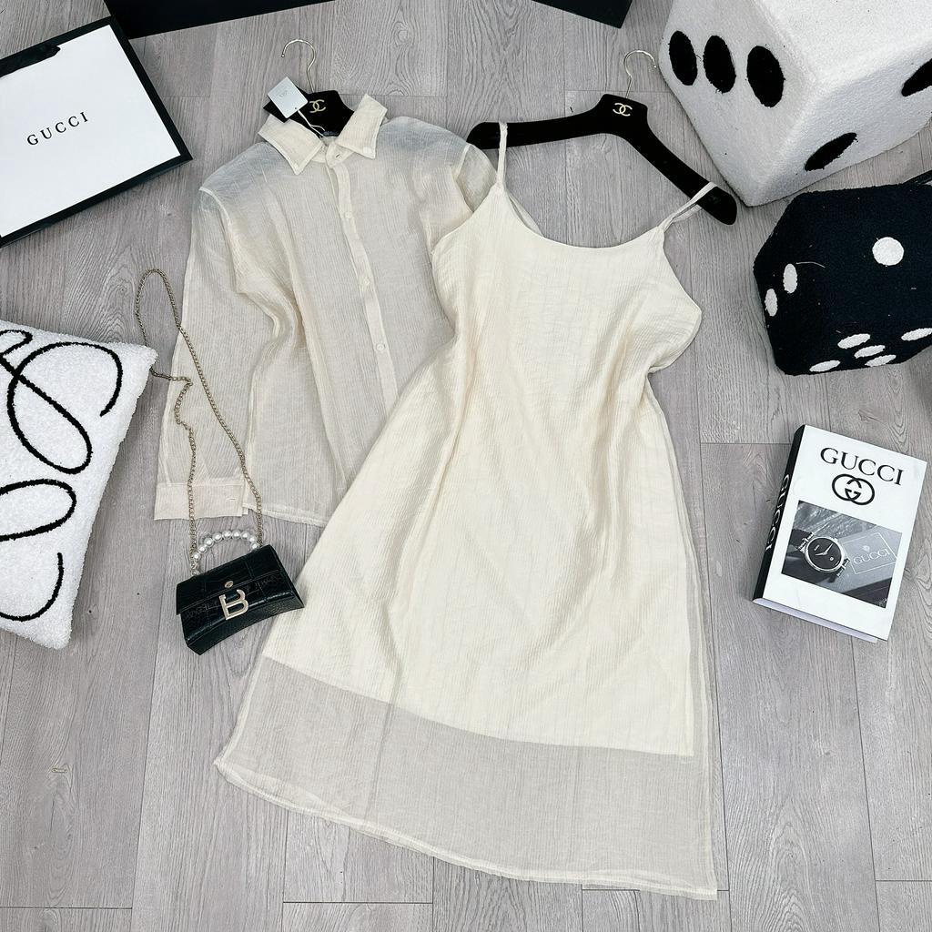 Set Váy Nữ Áo Sơ Mi Nữ Tơ Sọc Kèm Váy 2 Dây Nữ Trơn Dáng Dài Có Lớp Lót Freesize