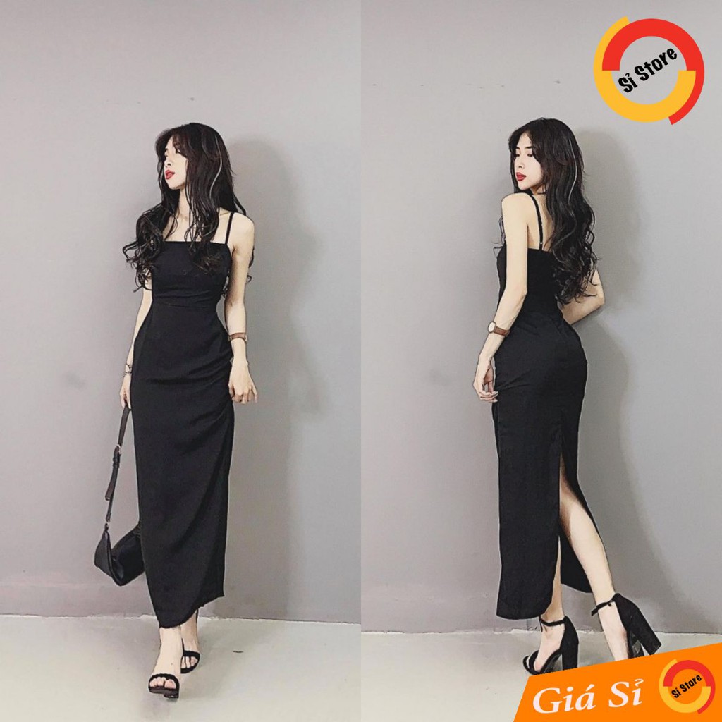 Đầm 2 Dây Maxi Chun Nhún Lưng Xẻ Sau EMO (ĐEN)