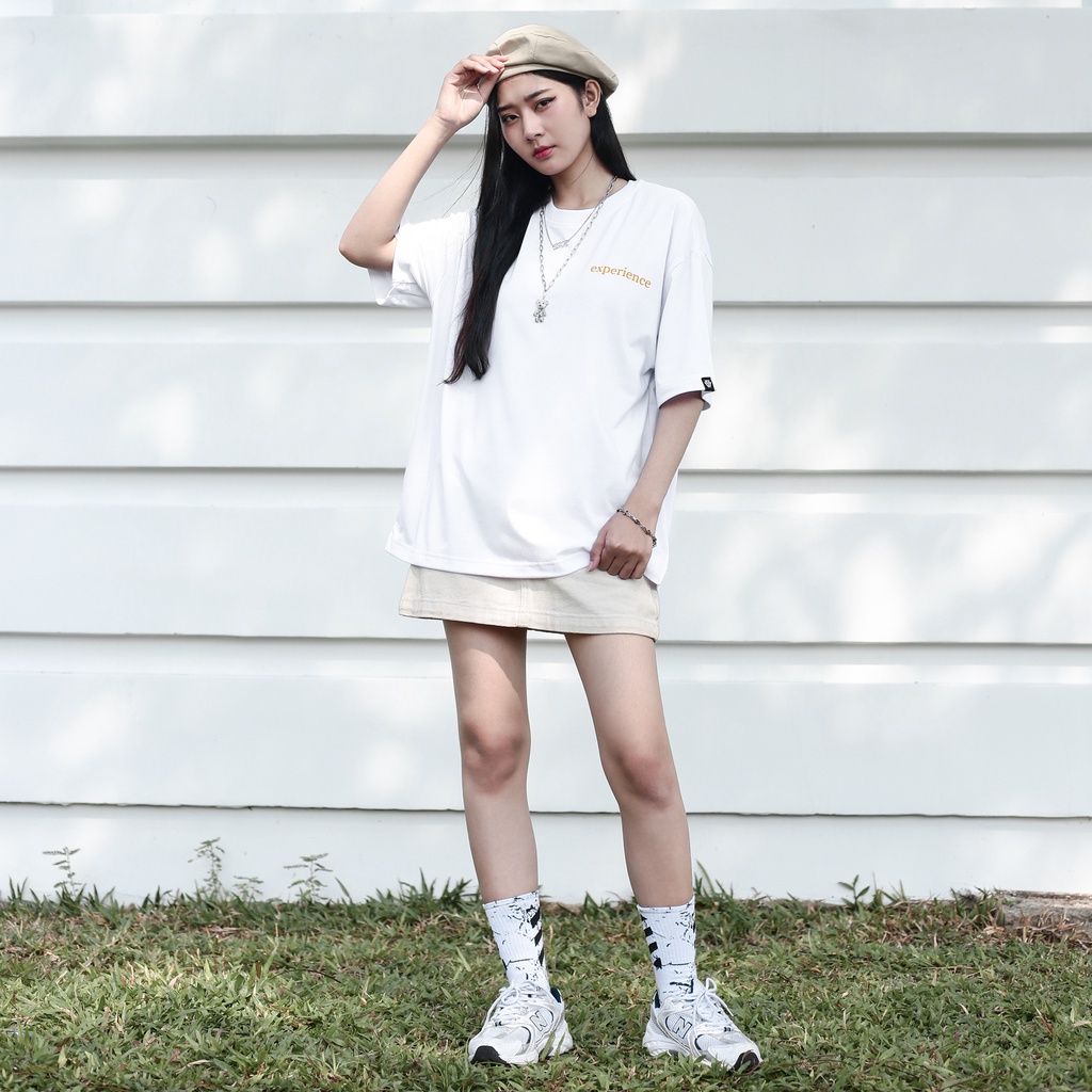 Áo Thun Trắng In Chữ Experience Màu Cam Chất Liệu 100% Cotton Form Rộng Thoải Mái Unisex Nam Nữ