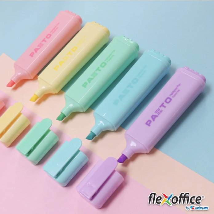 Bút dạ quang màu Pastel Thiên Long Flexoffice Pazto FO-HL009/VN - Bút dạ quang rửa được - Không để lại vết khi Photocopy