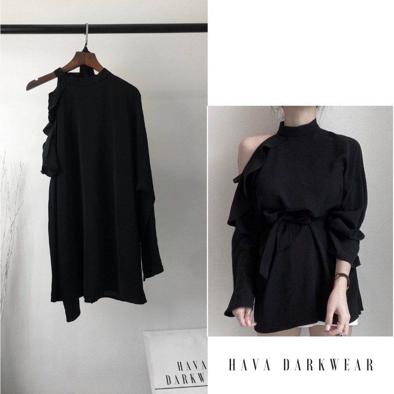 Áo cổ tàu đen khoét vai kèm dây form suông rộng chất trượt hàn mềm mát ASM61