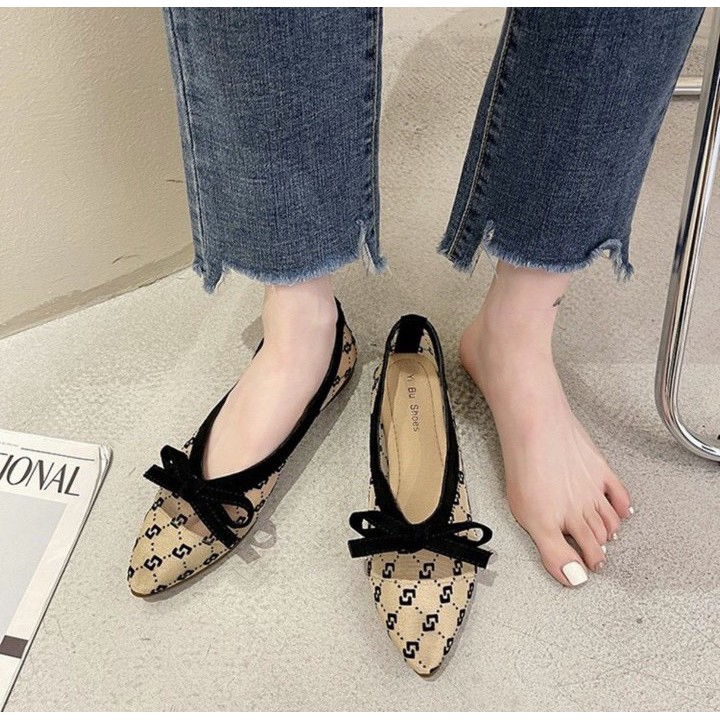 XẢ KHO (S99) Giầy búp bê nữa tag nơ họa tiết C.G (mã 225- búp bê)