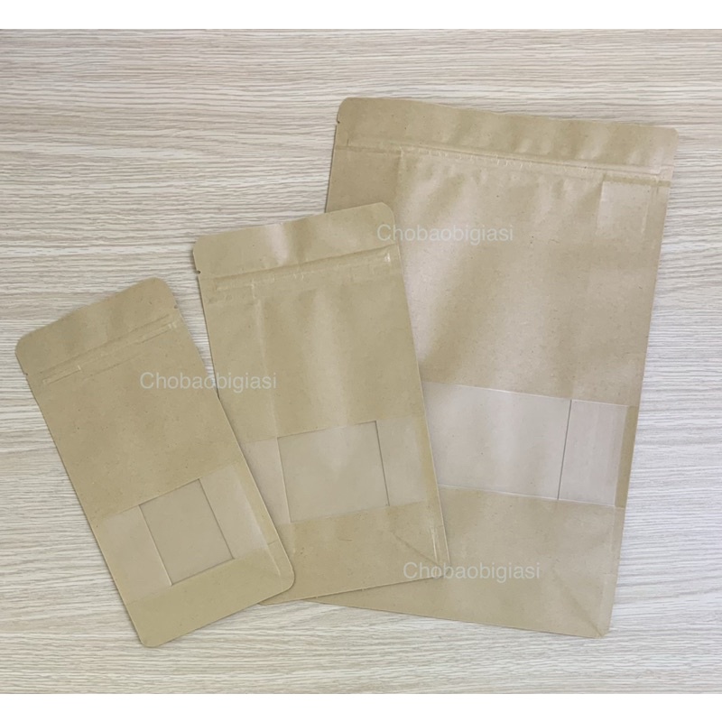 {1kg/ size} Túi zipper giấy Kraft Vàng 8 CẠNH đáy đứng cửa sổ tràn CÁN MÀNG-CHỐNG THẤM NƯỚC (có sẵn 6 size - sp y hình)