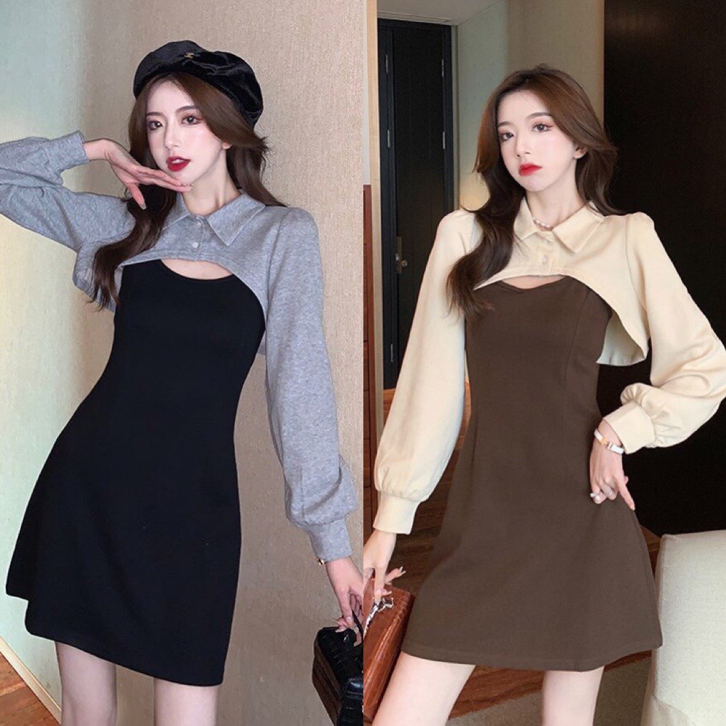 Set Váy 2 Món Đầm Chữ A Kèm Áo Croptop Tay Dài Cài Cúc Khoét Ngực Sexy Hot Trend | WebRaoVat - webraovat.net.vn