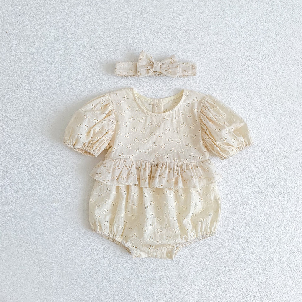 Bộ Áo Liền Quần + Băng Đô Nơ Tay Ngắn Dễ Thương Thời Trang Mùa Hè Cho Bé Gái