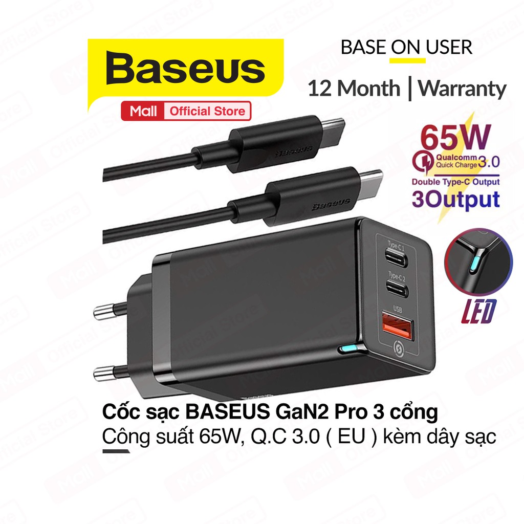 Củ sạc nhanh Baseus GaN Pro Travel Quick Charger 65W kèm dây cáp Type-C to Type-C ( Type Cx2 + USB , PD3.0 )