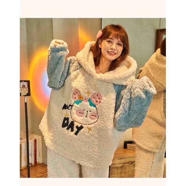 Bộ ngủ lông gấu thêu hình hộ nghĩnh,bộ lông hoodie áo phối màu quần jogger lông 2 mặt mượt mà siêu ấm phong cách hànquốc